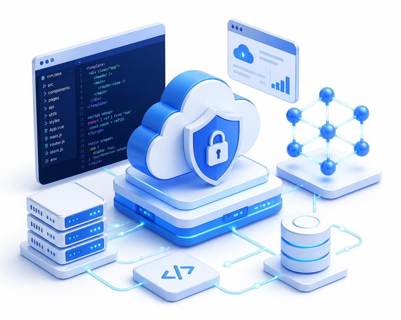 Illustration of cloud infrastructure, AI networks, code and cybersecurity